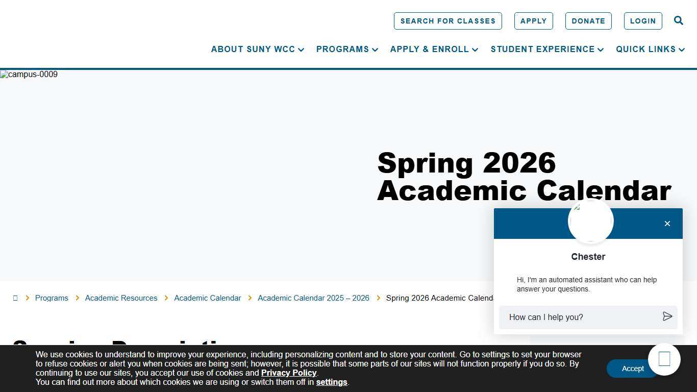 Spring 2026 Academic Calendar - SUNY Westchester Community College